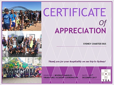 Yirara Certificate of Appreciation